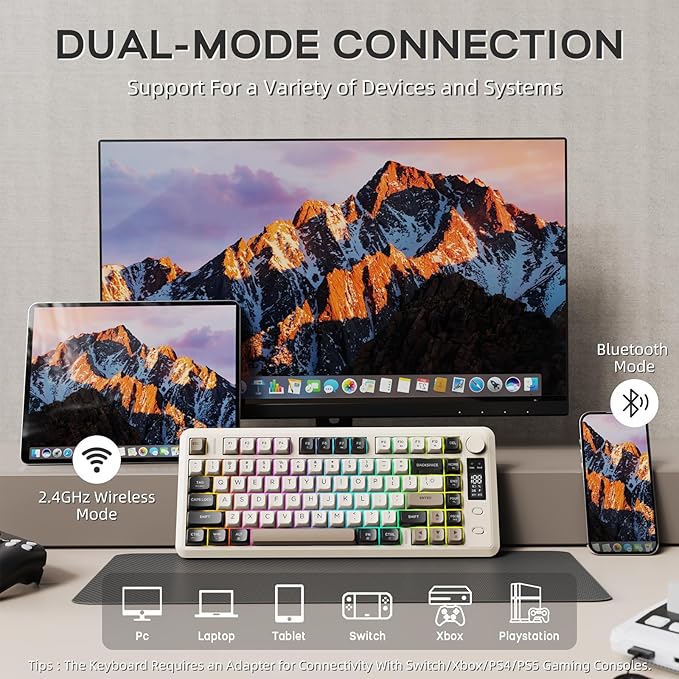 FREEWOLF M75 Wireless Gaming Keyboard Mechanical Feel Membrane with Knob & OLED Display Bluetooth/2.4Ghz Rainbow Backlit Gradient PBT Keycaps 2000mAH Battery Anti-Ghosting-Cheese