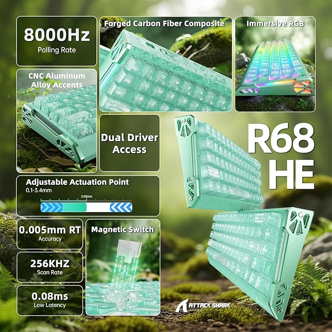ATTACK SHARK R68HE 60% Wired Rapid Trigger 8K Mechanical RGB Gaming Keyboard with 0.005mm RT Accuracy,0.08ms Latency,256K Scan,Hall Effect Magnetic Switch,Carbon Fiber+CNC Aluminum Alloy for PC(Green)