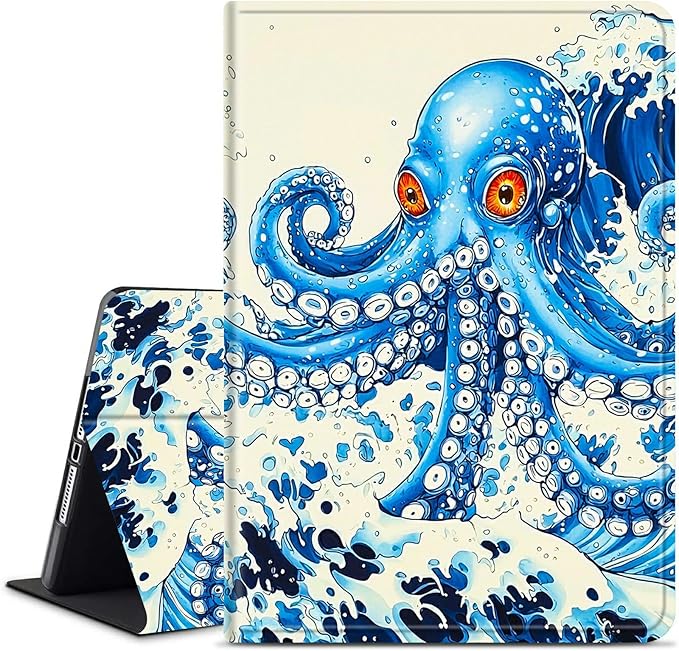 for Amazon Kindle Fire HD 10 & 10 Plus (13th/11th Generation, 2023/2021 Release) 10.1" Tablet Case, Slim Kickstand Stand Leather Smart Cover with Auto Wake/Sleep, Blue Octopus