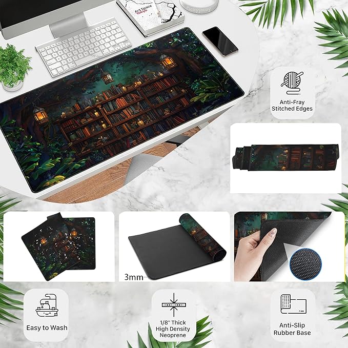 Large Desk Pad Anime Mouse Mat, Extended Gaming Mouse Pad Forest Library Keyboard Pad, Computer Desktop Pad Full Desk Mat XXL, Magical Cottagecore Decor for Office Laptop 31.5x15.7 Inch