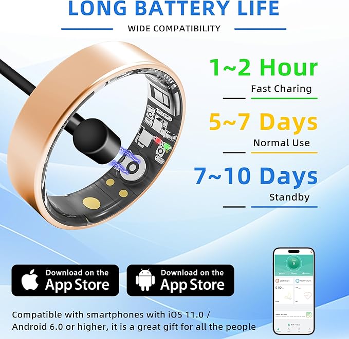 Smart Ring Health Tracking, Sleep Tracking, Heart Rate, Blood Oxygen, Blood Pressure，Fitness Ring, Activity Monitoring, 5 Days Battery, 5ATM Waterproof, No Subscription (Gold, 6#)
