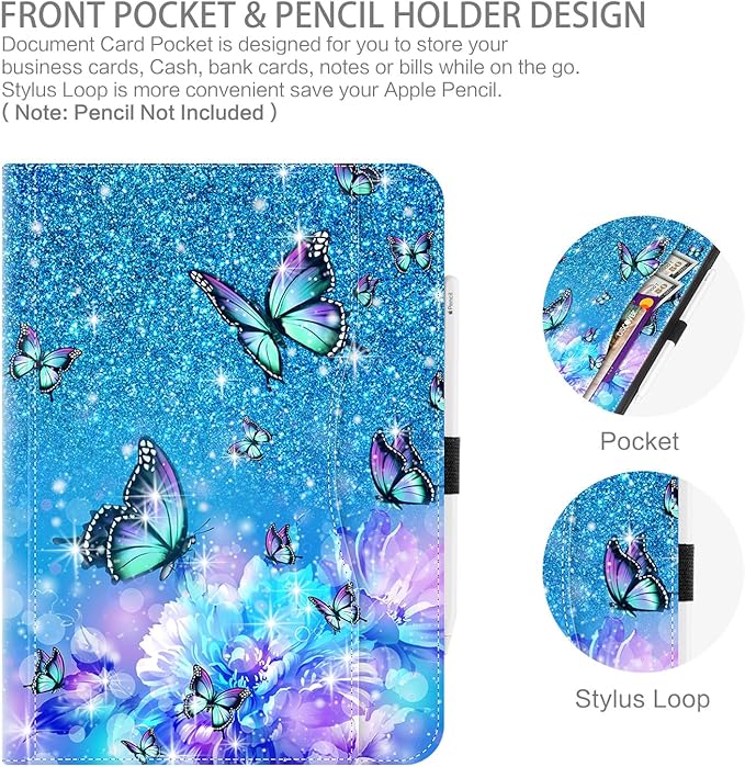 iPad Air 13 inch Case M4/M3/M2, iPad Pro 12.9 6th/5th/4th/3rd Generation with Pencil Holder Multi-Angle View Adjustable Stand Shockproof Pocket/Hand Strap/Auto Wake Sleep, Flower Butterfly