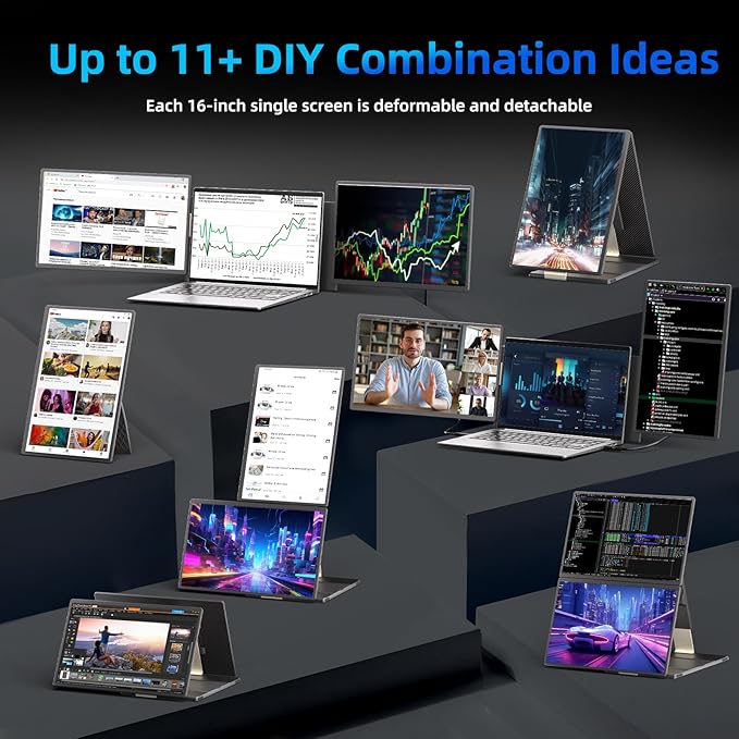 Laptop Screen Extender 16 inch - Triple Laptop Monitor Extender Detachable FHD 1920x1200P IPS 235° Rotation Extra Portable Monitor Compatible with 13”-17” Mac Wins Dex Chrome