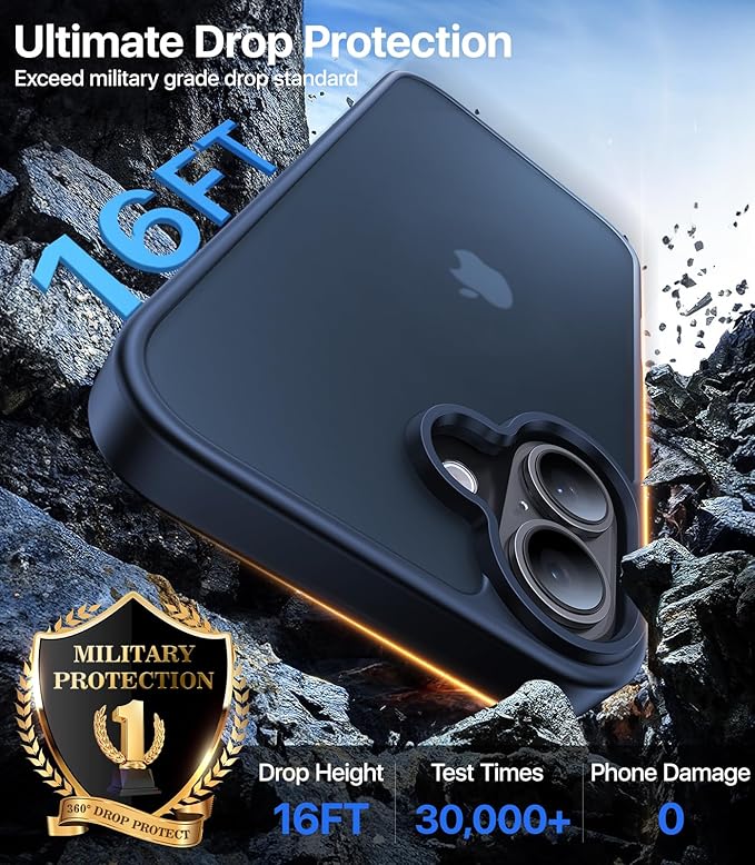 for iPhone 16 Case, [Military-Grade Drop Protection][Anti-Yellowing] Shockproof Protective Translucent Matte Cover for iPhone 16 Phone Case,Deep Blue