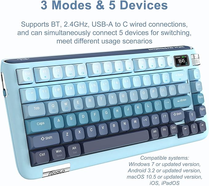 F75 Mechanical Keyboard, 75% Hot Swappable Gasket Structure Tri-Mode Gaming Keyboard, 81 Keys RGB Bluetooth Wireless Keyboard with Linear Switch, PBT Keycaps, Screen for Windows Mac (Blue)