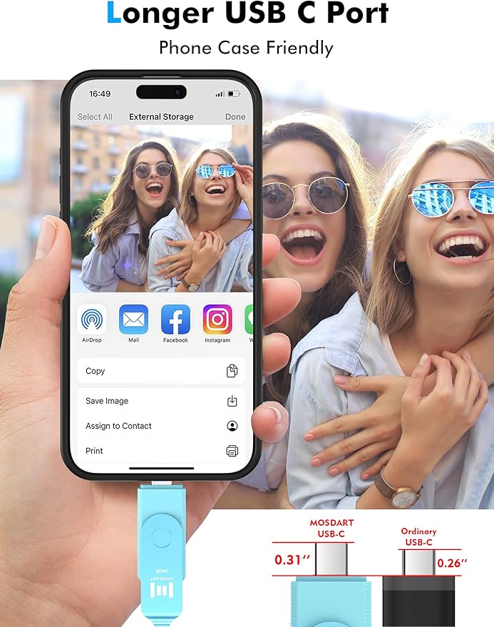 MOSDART 64GB USB C 3.2 Fast Speed C and A Dual Flash Drive, exFAT Memory Stick with Keychain and LED Indicator, for iPhone 15,16,17, Android Phone, iPad, MacBook, and Other Laptops, Sky Blue