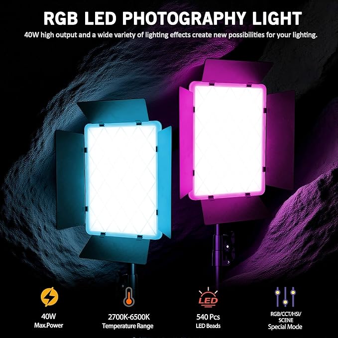 NiceVeedi 2-Pack RGB Photography Lighting with 20 Effects, 40W/360° Full Color/2700-6500K Studio Lights with Remote & Display, Video Light for Video Recording/Photography/Streaming/YouTube/TikTok