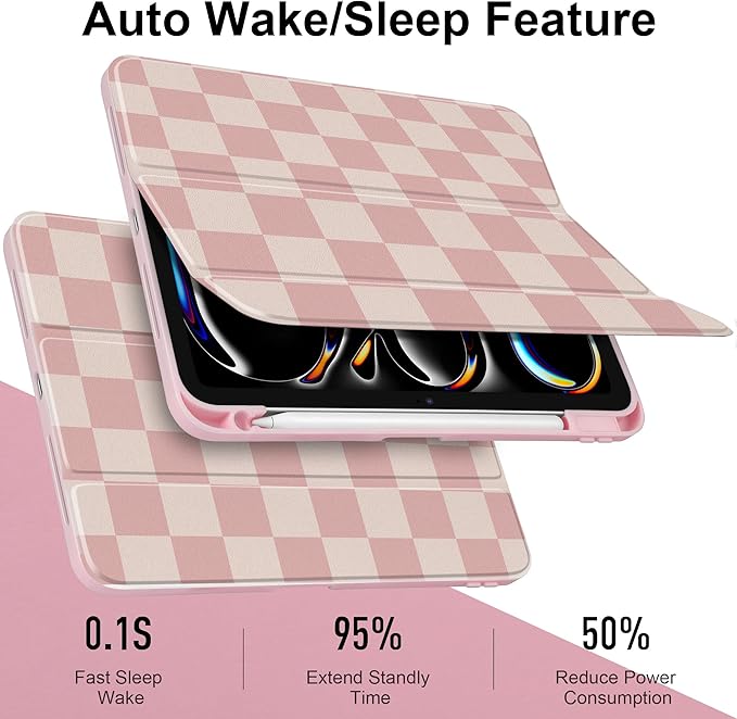 Case for iPad Pro 13 inch (M5) 2025 (M4) 2024 Release with Pencil Holder - Aesthetic Cute Preppy Design Trifold Cover with Soft TPU Bumper Clear Back Auto Sleep/Wake for Girls Women, Lattice