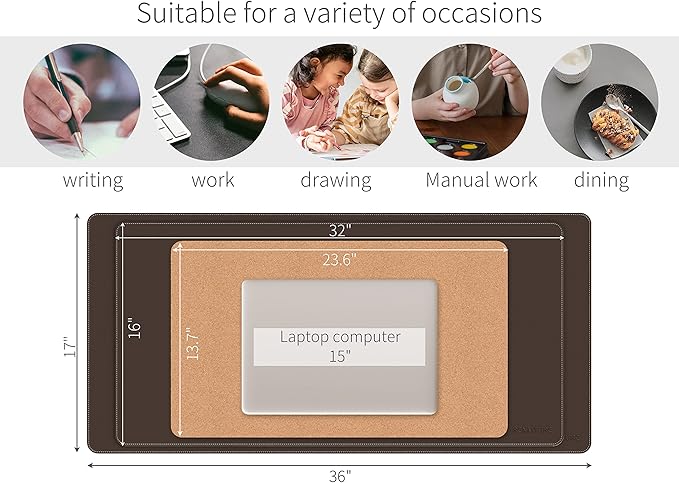 RENMTURE Dual-Sided Mouse Pad, Natural Cork & PU Leather Large Desk Pad for Office and Home Work, Desk Protector Non-Slip, Waterproof, Easy Clean (Dark Coffee, 36"x17")