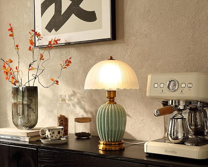 Glivpny Vintage Table Lamp for Living Room,16" Mid Century Modern Ceramic Lamps for Bedroom,Retro Bedside Nightstand Mushroom Glass Lamps, Classic Chinoiserie Green Lamp for Home Decor (LD003)