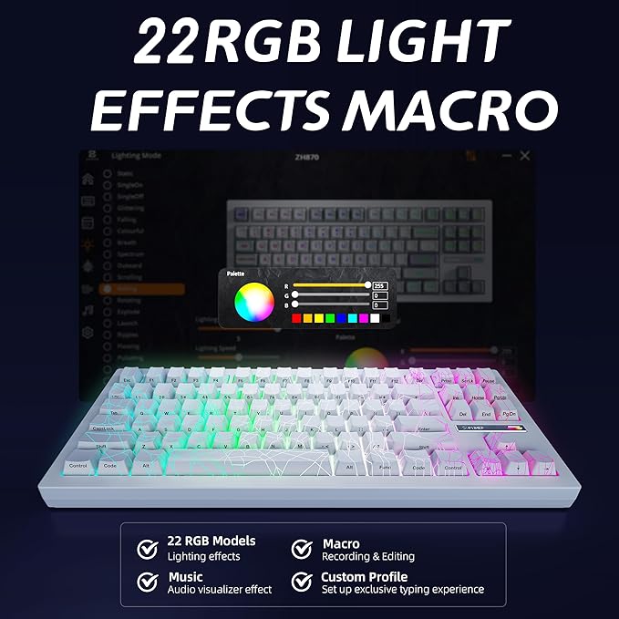 ZORNHER ZH870 Wireless Gaming Mechanical Keyboard,80% White Gaming Keyboard with White Spider Web IMD PC Keycaps,Creamy Sounding Linear Switches,Hot-Swappable,RGB Backlit