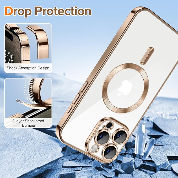 Hython Magnetic Clear for iPhone 15 Pro Case with Camera Lens Protector [Compatible with MagSafe] Luxury Plating Edge Slim Soft TPU Cover Protective Phone Case for iPhone 15 Pro 6.1", Desert Brown