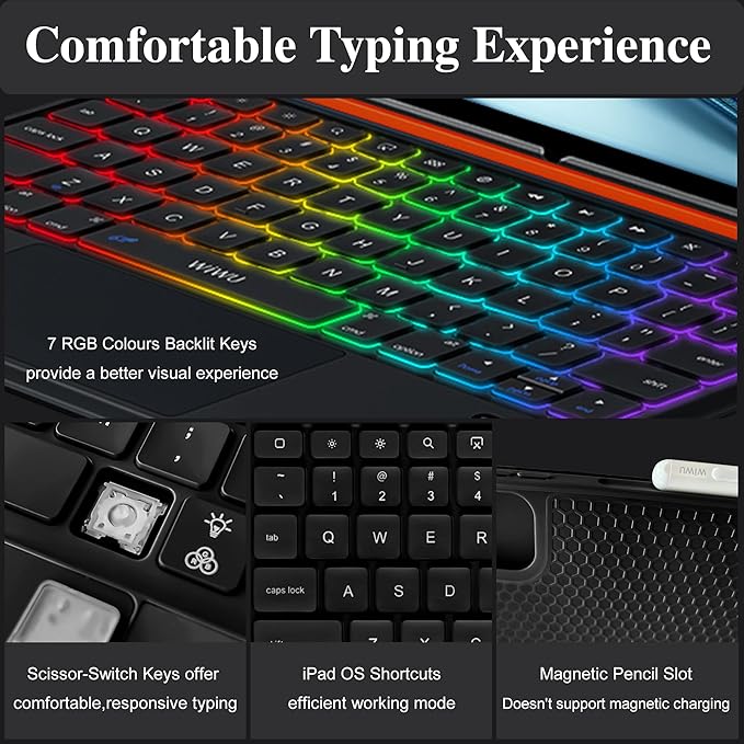 WIWU for iPad Keyboard Case Air 11 Inch M4/M3/M2 11th/10th Gen 3 in 1 Magnetic Detachable Case Keyboard Adjustable Stand Backlit Keys Touchpad (Black, For iPad 11/10/Air 5/4/11"(M2/M3) Pro 11"4/3/2/1)