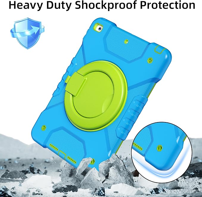 Andnary Case for iPad 9th/8th/7th Generation 10.2 inch, Shockproof Cover with Screen Protector/360° Rotating Handle/Bracket/Pen Holder/Shoulder Strap, Kids Case for iPad 2021/2020/2019 (Blue+Green)