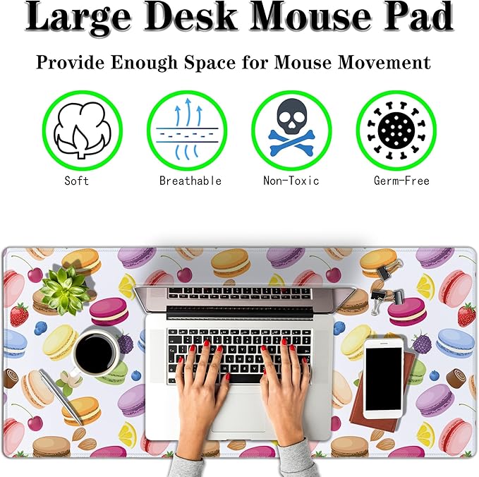 XXL Mousepad Macarons Gaming Mousepads Computer Desk Accessories for Women Keyboard Pads Ga Mouse Pad Non-Slip Rubber Base 35.4 X 15.7 for Game Office, Cake and Various Fruits