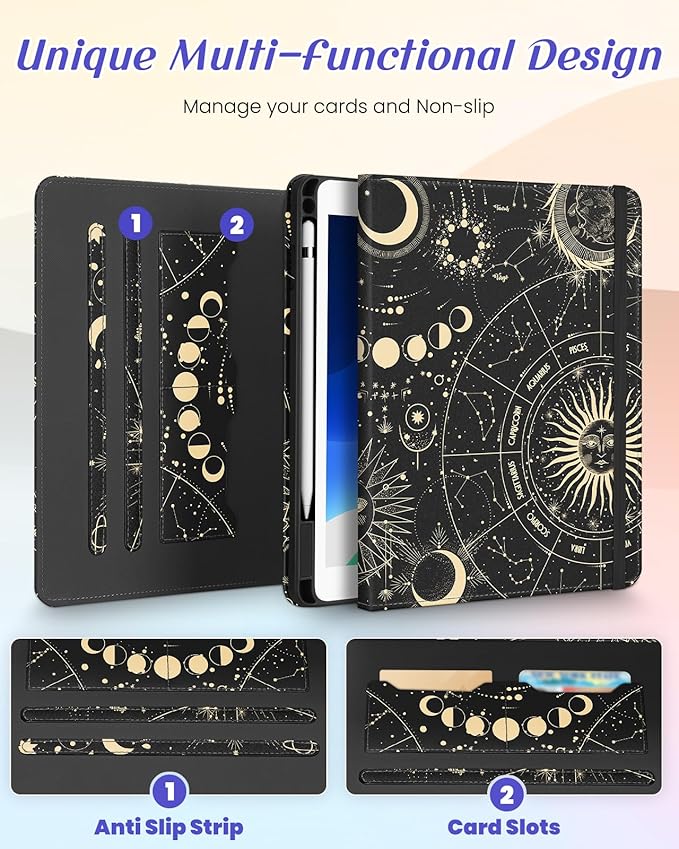 Kidcube for iPad Air 3rd Generation Case/Pro 10.5 Inch Case - Women Girls Cute Rotating Stand Folio Cover with Pencil Holder & Card Slot Girly Sun Moon Stars Design Cover for iPad Pro 10.5''/Air 3rd