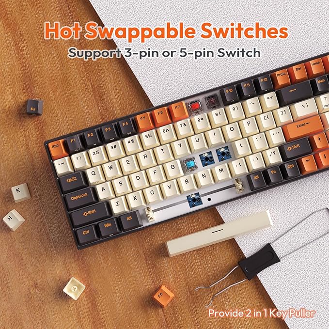 RK ROYAL KLUDGE RK100 Wireless Mechanical Keyboard RGB Backlit Bluetooth5.1/2.4G/Wired 96% Full Size 100-Key Hot Swappable Gaming Keyboard Red Switch Carbon