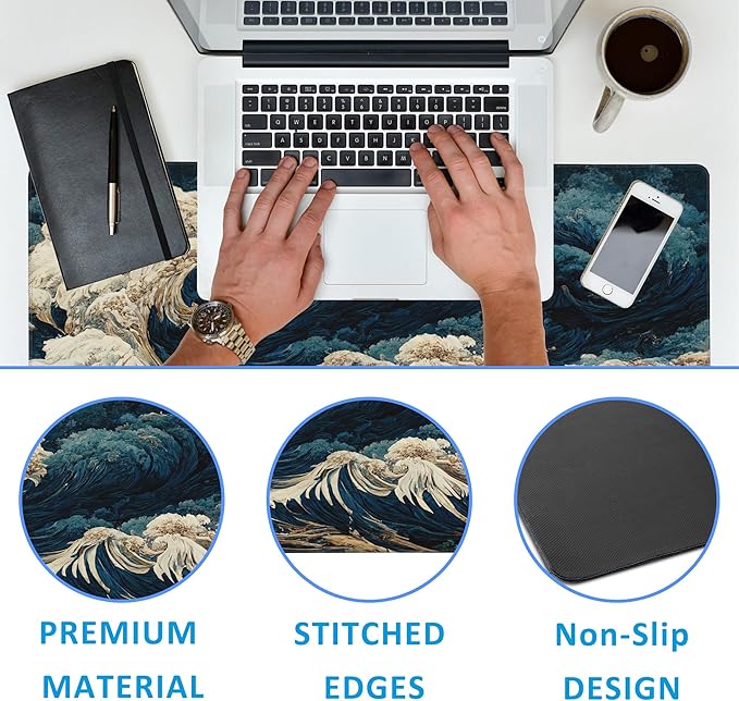 Japanese Ocean Waves Large Gaming Mouse Pad,Waterproof Desk Mat for Desktop,Non-Slip Rubber Base Mousepad with Stitched Edges for Laptop Office and Home 35.4X15.7 Inch