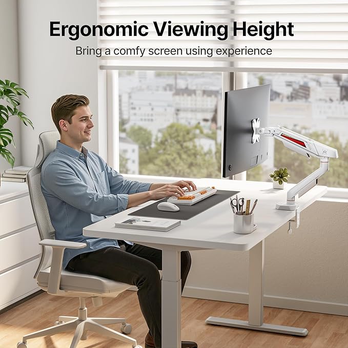 ARES WING Single Monitor Arm for 17-40 Inch Flat Curved Ultrawide Screens Up to 26.5lbs, Fully Adjustable Single Monitor Mount, C-Clamp & Grommet Base, 75/100 Vesa Mount, White
