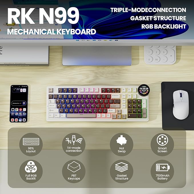 RK ROYAL KLUDGE N99 Wireless Mechanical Keyboard with Screen & Knob, BT/2.4G/USB-C, 96% Hot Swappable Custom Keyboard, Pre-lubed Linear Switches, 7500mAh Battery, 98 Keys