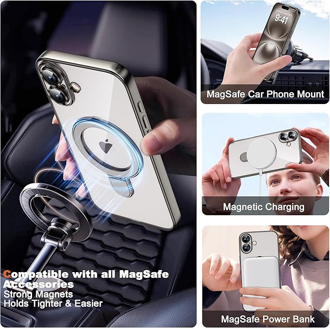 Compatible with iPhone 16 Case with Invisible Magnetic Ring Stand [Compatible with Mag-Safe] [Full Camera Lens Protector] Plating Clear Phone Case for iPhone 16 6.1", Grey
