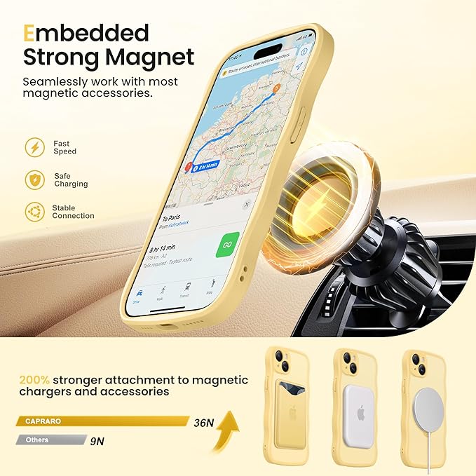 CAPRARO for iPhone 15 Case with 360° Spin Magnetic Stand for Women, [Compatible with MagSafe] [Full Camera Protection] Cute Wave Translucent Matte Case for iPhone 15, Jasmine Yellow