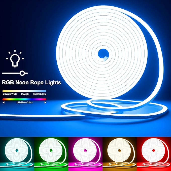 Cozylady RGB Neon LED Rope Lights, Waterproof Bluetooth APP Remote Control Music Sync Strip Lights, 24V Flexible DIY Silicone Light for Bedroom Home Indoor Outdoor Decor (30M/100Ft)