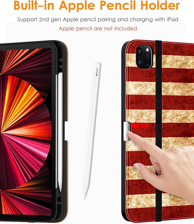 DTTO Case for iPad Pro 11 Inch 4th / 3rd / 2nd / 1st Generation 2022/2021/2020/2018,Premium PU Leather Folio Stand Cover with Hand Strap, Auto Wake/Sleep,Multiple Viewing Angles, US Flag