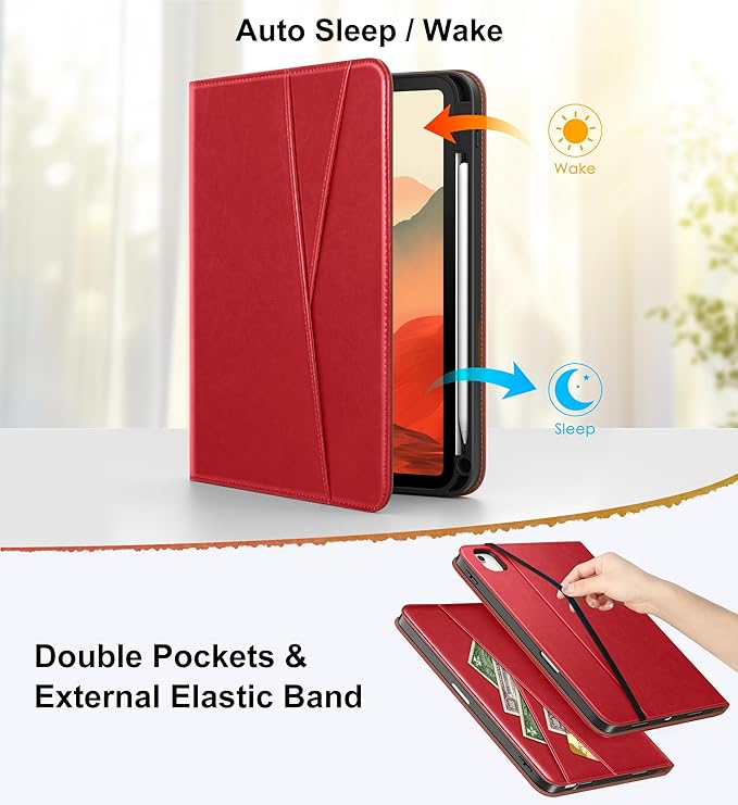 DTTO for iPad Air 11 inch Case M4 / M3 / M2 (2026/2025/2024), iPad Air 5th / 4th Gen (2022/2020), 360 Degree Rotating Premium Leather Folio Stand Cover with Pencil Holder, Red