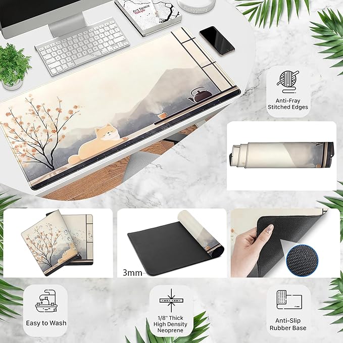 Japan Zen Desk Pad Extended Mouse Mat Cute Shiba Desk Mat, Large Anime Gaming Mouse Pad Full Desktop Keyboard Mat, Kawaii Computer Mat XXL, Japanese-Style Desk Decor for Office Home 31.5x15.7 Inch