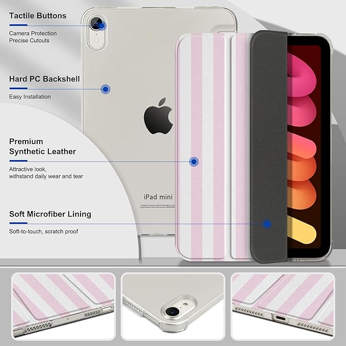 DONGKE for iPad mini 7 (A17 Pro) 2024 & iPad mini 6 2021 8.3 Inch, Slim Foldable Stand Hard PC Translucent Back Shell Smart Cover for iPad mini 7th/6th Generation [Auto Wake/Sleep] - Pink Stripes