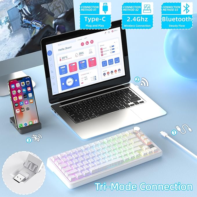 ATTACK SHARK X85PRO 75% Wireless Mechanical Keyboard,TFT Smart Display & Knob,BT/2.4GHz/Wired Gaming Keyboard,Contour Side Print Shine-through Keycaps,RGB,Hot-Swap,with Pro Cable, for PC/MAC (White)