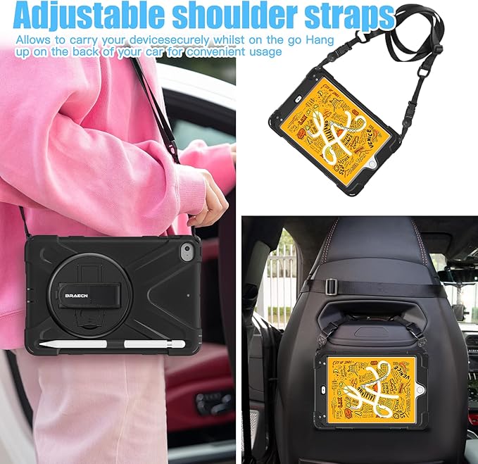 BRAECNstock for Apple iPad mini 5/4 Case 2019/2015 7.9", Shockproof Protective Cover with Pencil Holder, Rotating Hand Strap & Stand, Shoulder Strap, Case for iPad mini 5th/4th Generation, Black