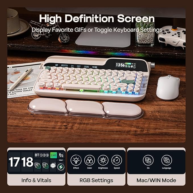 EPOMAKER Glyph Wireless Typewriter Retro Mechanical Keyboard, Screen & Knob & Lever, Wrist Rest, Round PBT Keycap, Hot Swap, RGB, Custom Software, Top-Mount, 75% Creamy Keyboard for PC/MAC