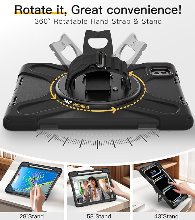 BRAECN Case for iPad Pro 11 inch M5 2025 & M4 2024, 4 Layers Heavy Duty Full-Body Protection Screen Protector Pencil Holder, 360° Rotating Handle Kickstand, Shoulder Strap Kids Friendly