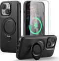 for iPhone 15 Plus Case with Stand, Compatible with MagSafe, Slim PU Leather & Durable TPU Protective Magnetic Kickstand Cover Drop-Proof with Tempered Glass Screen Protector 6.7", Black