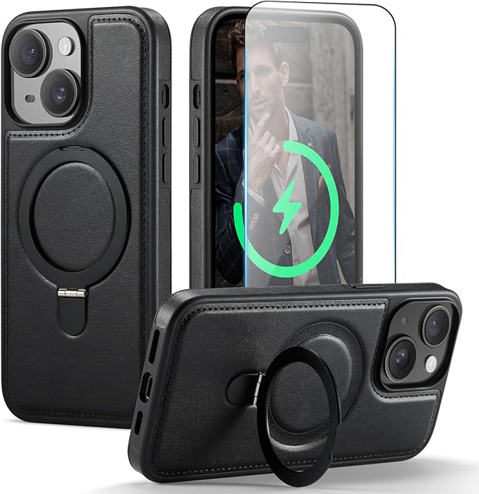 for iPhone 14 Case with Stand Compatible with Magsafe Slim PU Leather & Durable TPU Drop Proof Magnetic Kickstand Protective Phone Cover with Tempered Glass Screen Protector 6.1", Black