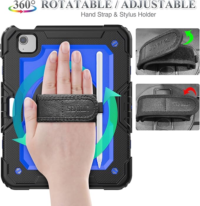 SEYMAC stock Case for iPad Air 5th/4th Generation/Pro 11 (4th/3rd/2nd) with Screen Protector Pen Holder, 360° Rotate Hand Strap/Stand Case for iPad Air 5th/4th Gen 10.9''/ Pro 11'' (Blue+Black)