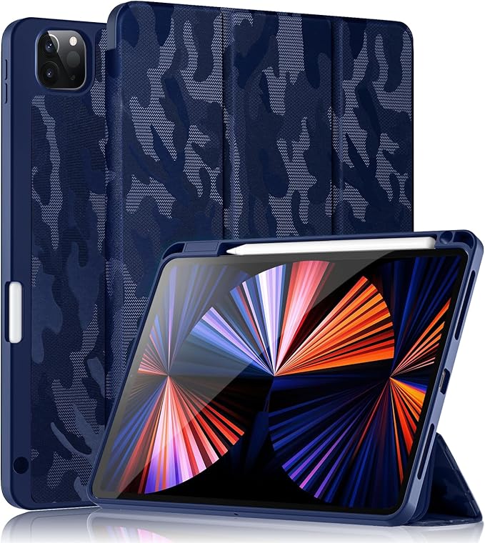 Wenlaty Compatible with iPad Pro 11 Inch Case 4th/3rd/2nd Generation with Pencil Holder, for iPad 11 Pro Case 2022/2021/2020, Slim Protective Cover with Soft TPU Back, Auto Wake/Sleep, CamouflageBlue