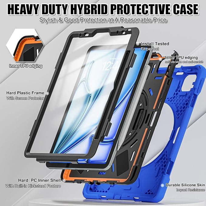 TSQQST Case for iPad Air 11 Inch M4 2026/M3 2025/M2 2024, Cover for iPad Air 5th 4th Generation 10.9"/Pro 11 4th/3rd/2nd/1st Heavy Duty Shockproof Case with Screen Protector+Stand+Hand Strap, Blue