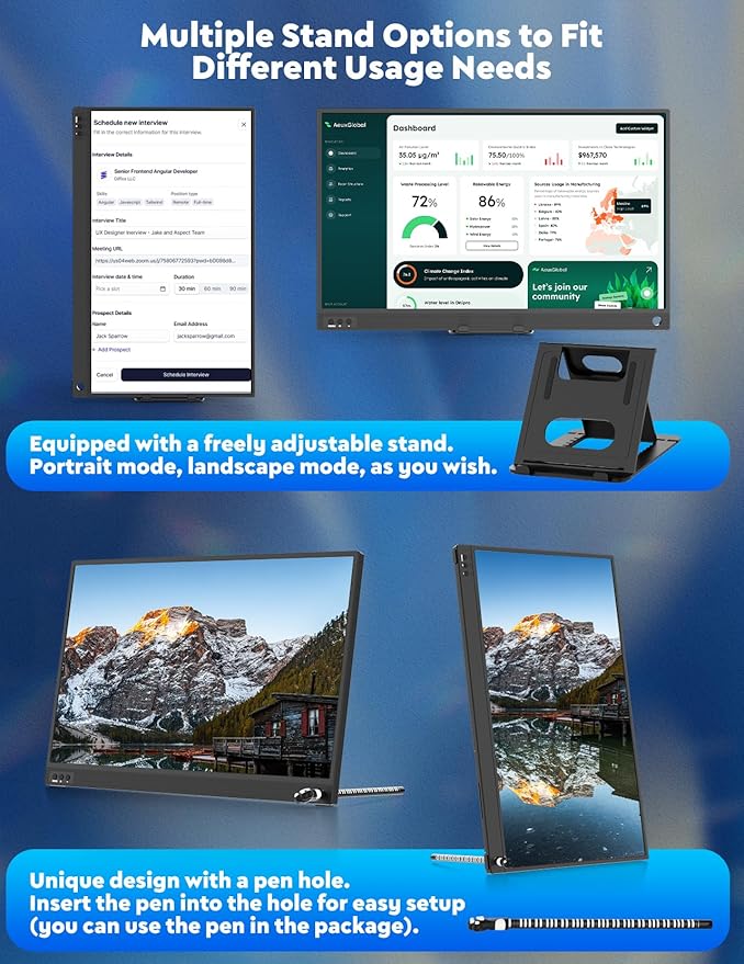 ZSCMALLS Portable Monitor, 15.6" 1080P FHD Laptop Monitor USB-C HDMI Computer Display IPS Second Screen, Laptop Extended Screen for PC Phone Mac Xbox PS4/5 Switch