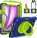 Andnary Case for iPad Air 11 inch Case M4/M3/M2 (2026/2025/2024), Heavy Duty Shockproof Cover with Screen Protector, 360° Rotating Stand, Pencil Holder, Shoulder Strap (Navy+Green)