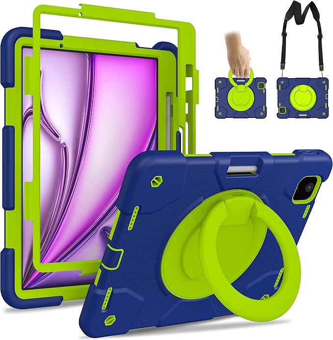 Andnary Case for iPad Air 11 inch Case M4/M3/M2 (2026/2025/2024), Heavy Duty Shockproof Cover with Screen Protector, 360° Rotating Stand, Pencil Holder, Shoulder Strap (Navy+Green)