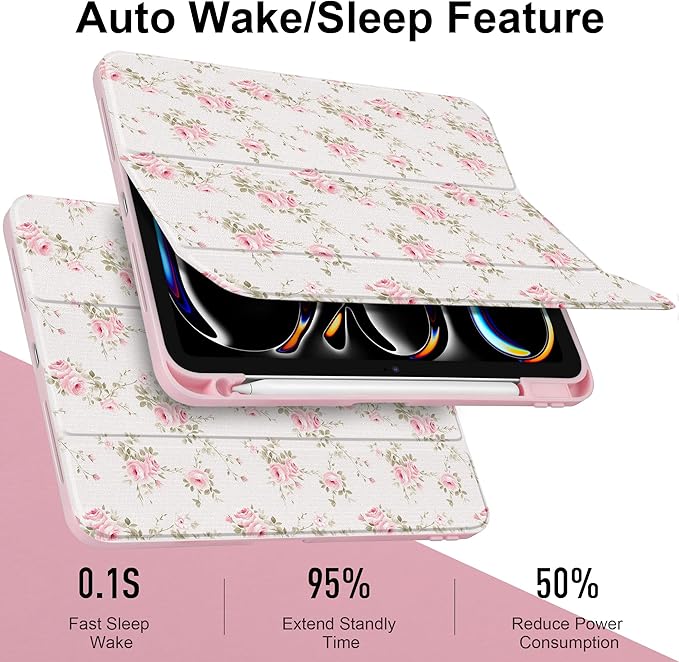 Case for iPad Pro 13 Inch (M5 2025 M4 2024) – [Built-in Pencil Holder], Shockproof & Stylish, Clear Hard Back + Soft TPU Edge, Magnetic Trifold Stand, Auto Wake/Sleep, Little Rose