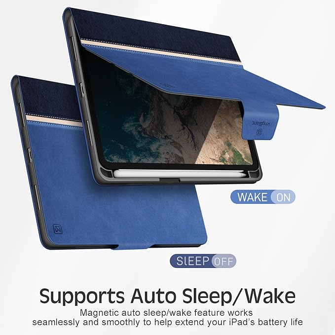KingBlanc Case for iPad mini 7 (A17 Pro), iPad mini 7th/6th Generation (2024/2021) Vintage Vegan Leather Cover with Pencil Holder, Auto Sleep/Wake, Stand with Viewing & Drawing Angles, Blue