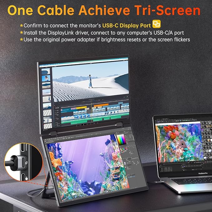 VisionOwl Portable Monitor Dual 15.6 Inch 1080P FHD 107% sRGB Foldable Second Screen, USB-C HDMI HDR Stacked Travel Monitor for Laptop MacBook PC PS5 Xbox, VESA Mountable, Built-in Kickstand