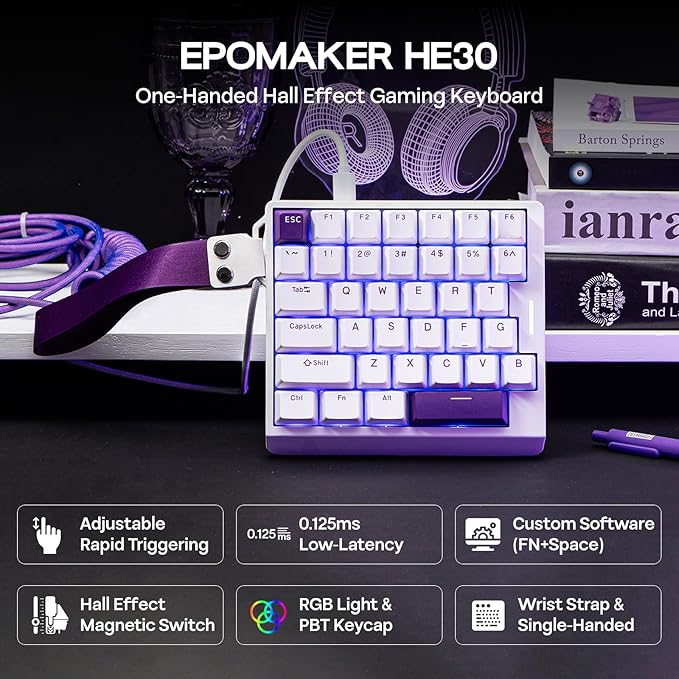 EPOMAKER HE30 One-Handed Hall Effect Keyboard, 8K Polling & 0.125ms, SOCD & Snap Key, Adjustable Trigger, PBT Keycap, RGB, Custom Software, Wired Gaming Keyboard for PC/Gamer (White Purple)