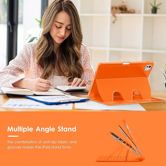 VIKESI Case for iPad Pro 11 inch (M5/M4) 2025/2024,Multiple Angles Magnetic Stand Cover,Shockproof Back,Pencil Holder,and Auto Sleep/Wake,Orange