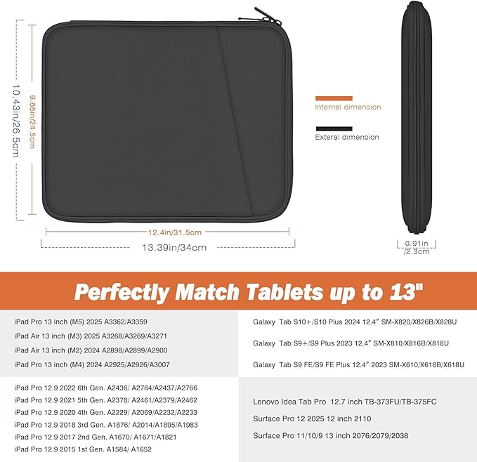 MoKo 13 Inch Tablet Sleeve Bag, Compatible with New 13 Inch iPad Pro M5 & Air M4/M3, iPad Pro 12.9 inch M2&M1, Galaxy Tab S8+/S9+ 12.4", Waterproof Bag Carrying Case with Pocket, Dark Gray