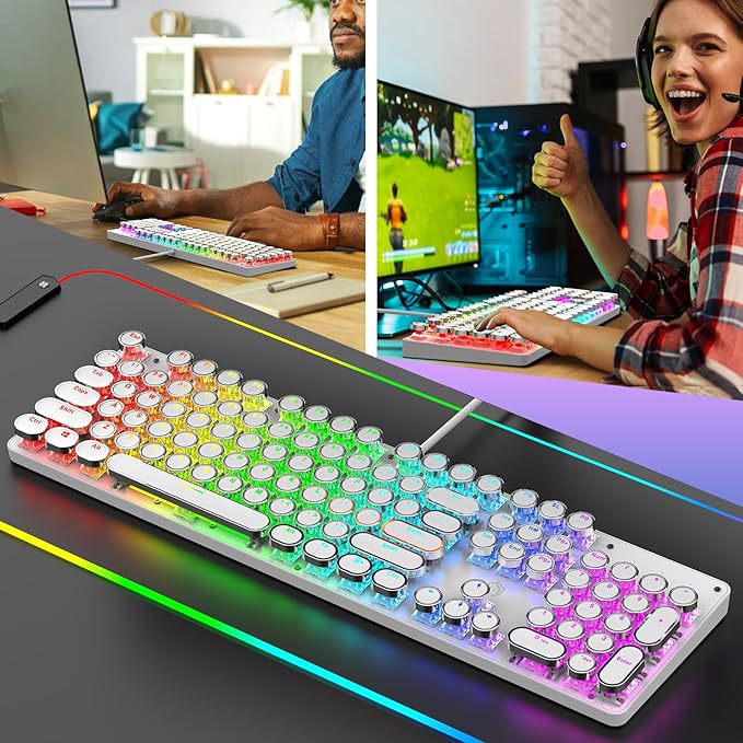 Typewriter Mechanical Gaming Keyboard with RGB Backlit Red Switches, 104 Keys Retro Round Keycap, Wired Typewriter Style Comfortable Typing Soud (R-White)